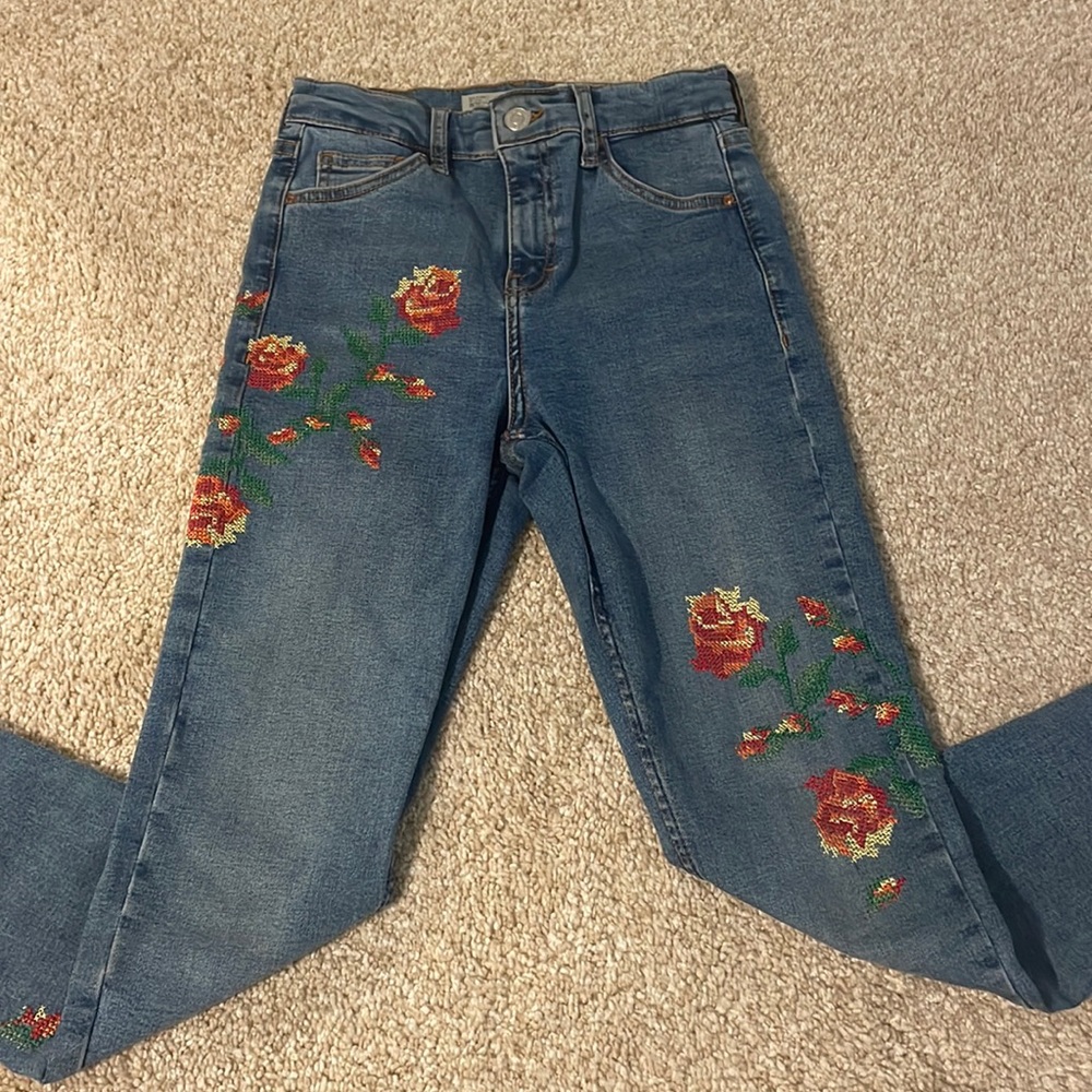 Topshop Moto Jamie rose embroidered skinny jeans, SZ W26 to fit L30